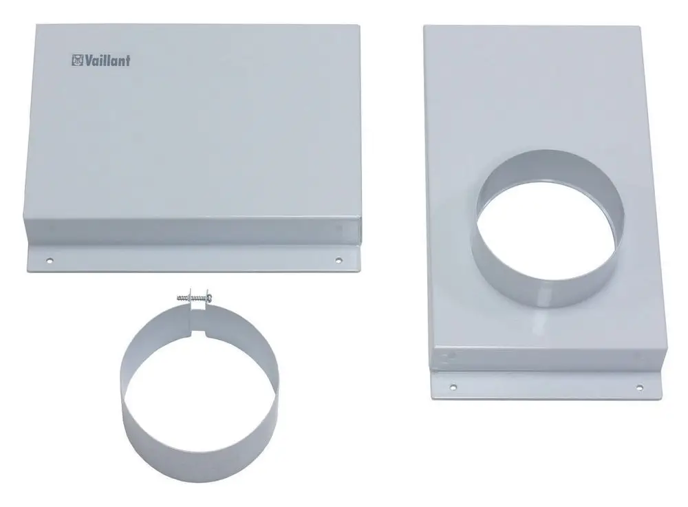 Vaillant Anschluss-Set bestehend aus zwei weißen, rechteckigen Metallkomponenten und einem runden Rohrstück. Robust und funktional für Heizungsanwendungen.